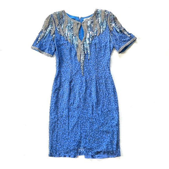 Vintage Night Line Blue Sequin Short Sleeve Silk Cocktail Dress